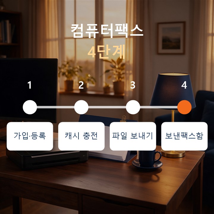 컴퓨터팩스 4단계 : 가입·이용 등록, 캐시 충전, 파일 올려 보내기, 보낸팩스함 확인