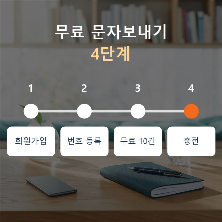 무료 문자보내기 4단계 : 가입, 발신번호 등록, 무료문자 보내기, 필요하면 충전