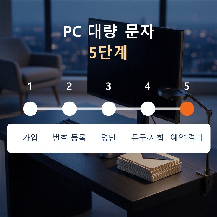 PC 대량 문자 5단계 : 가입, 발신번호, 명단, 문구·시험, 예약·결과