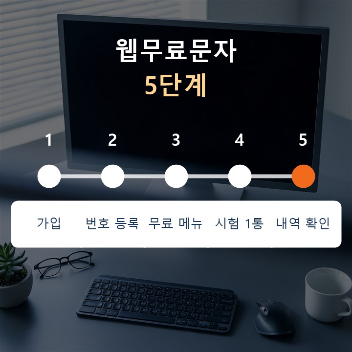 웹무료문자 5단계 : 가입, 발신번호 등록, 무료문자 메뉴, 내 번호로 시험, 내역 확인